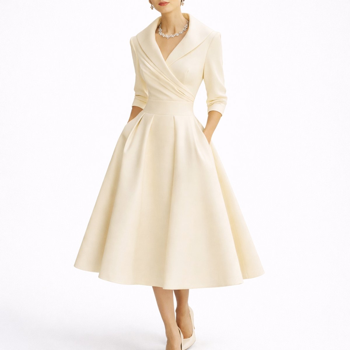 Judith | Robe Midi Femme Évasée à Poches, Col Croisé et Manches 3/4 - Blanc