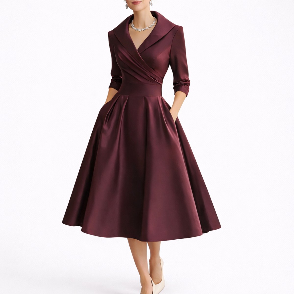 Judith | Robe Midi Femme Évasée à Poches, Col Croisé et Manches 3/4 - Rouge