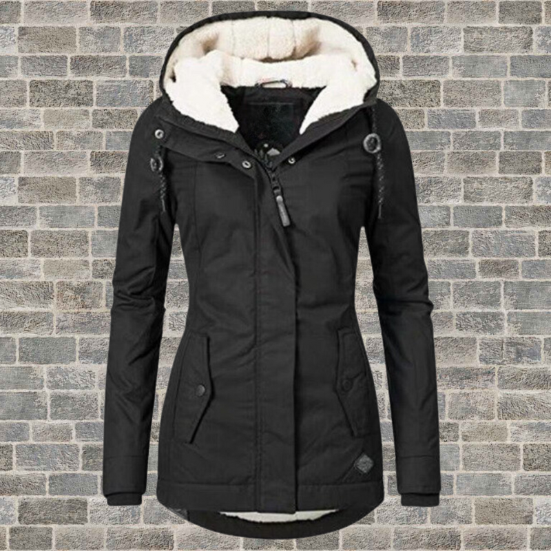 Julie | Parka Femme à Capuche Doublée Effet Sherpa, Coupe Cintrée - Noir
