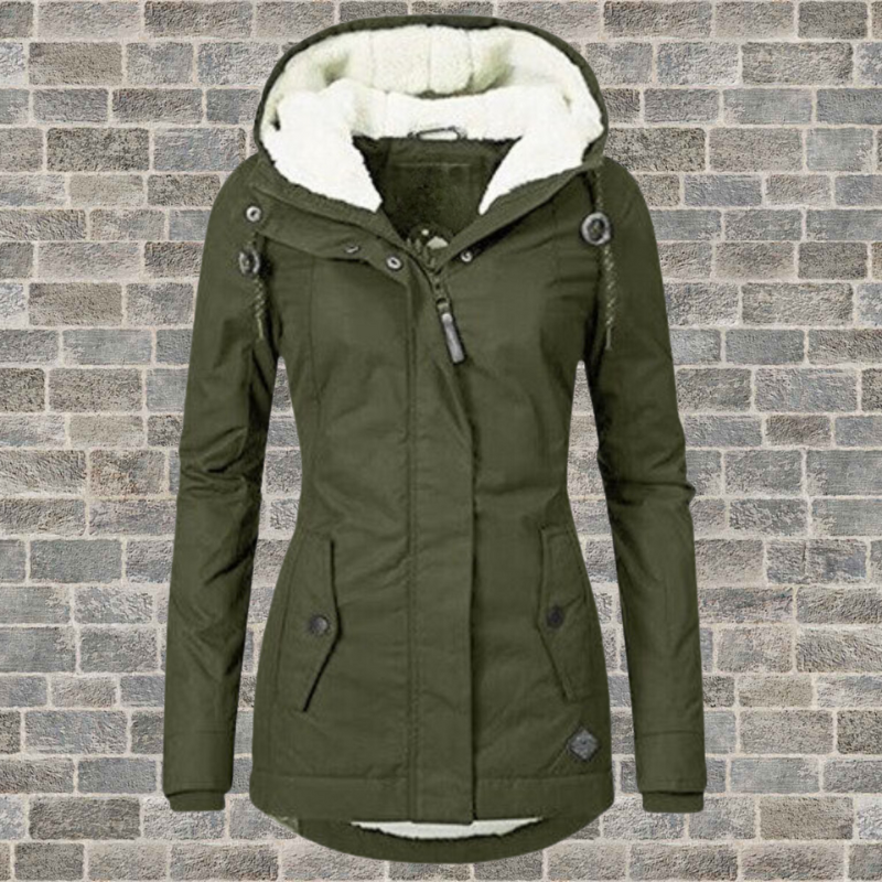 Julie | Parka Femme à Capuche Doublée Effet Sherpa, Coupe Cintrée - Vert olive