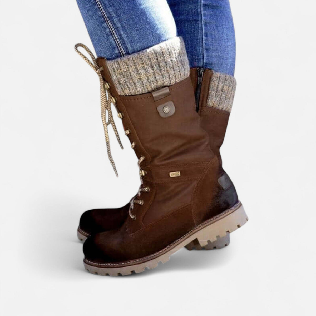 Juliette | Bottes Mi-Mollet Femme à Lacets et Col en Maille Semelle Crantée - Marron