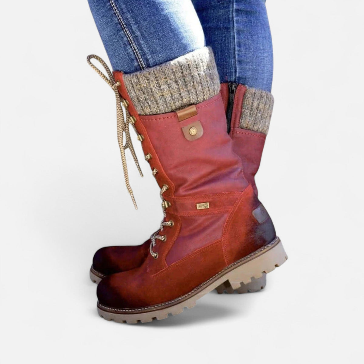 Juliette | Bottes Mi-Mollet Femme à Lacets et Col en Maille Semelle Crantée - Rouge
