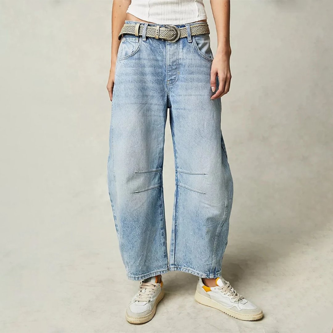 Laure | Jean Femme Taille Haute Coupe Baril à Cinq Poches - Bleu clair