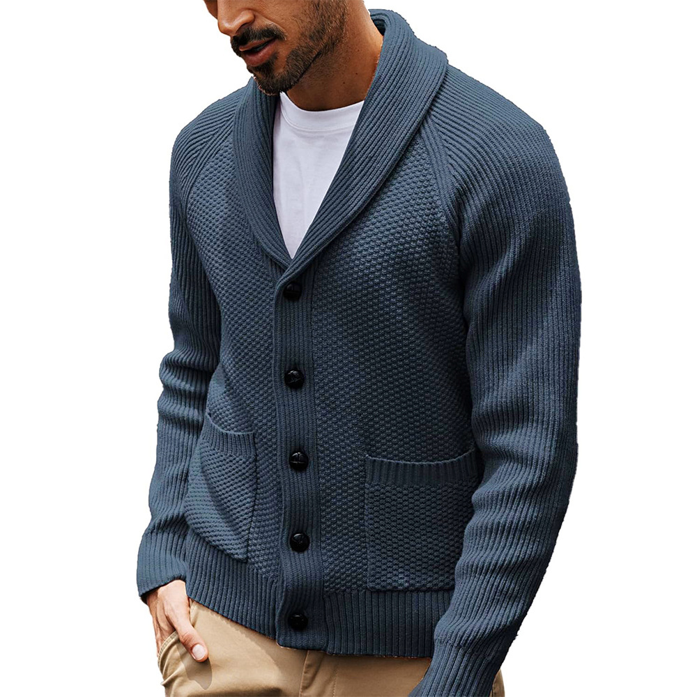 Léandre | Gilet Homme Col Châle Ouvert en Maille Douce à Poches à Rabat - Bleu