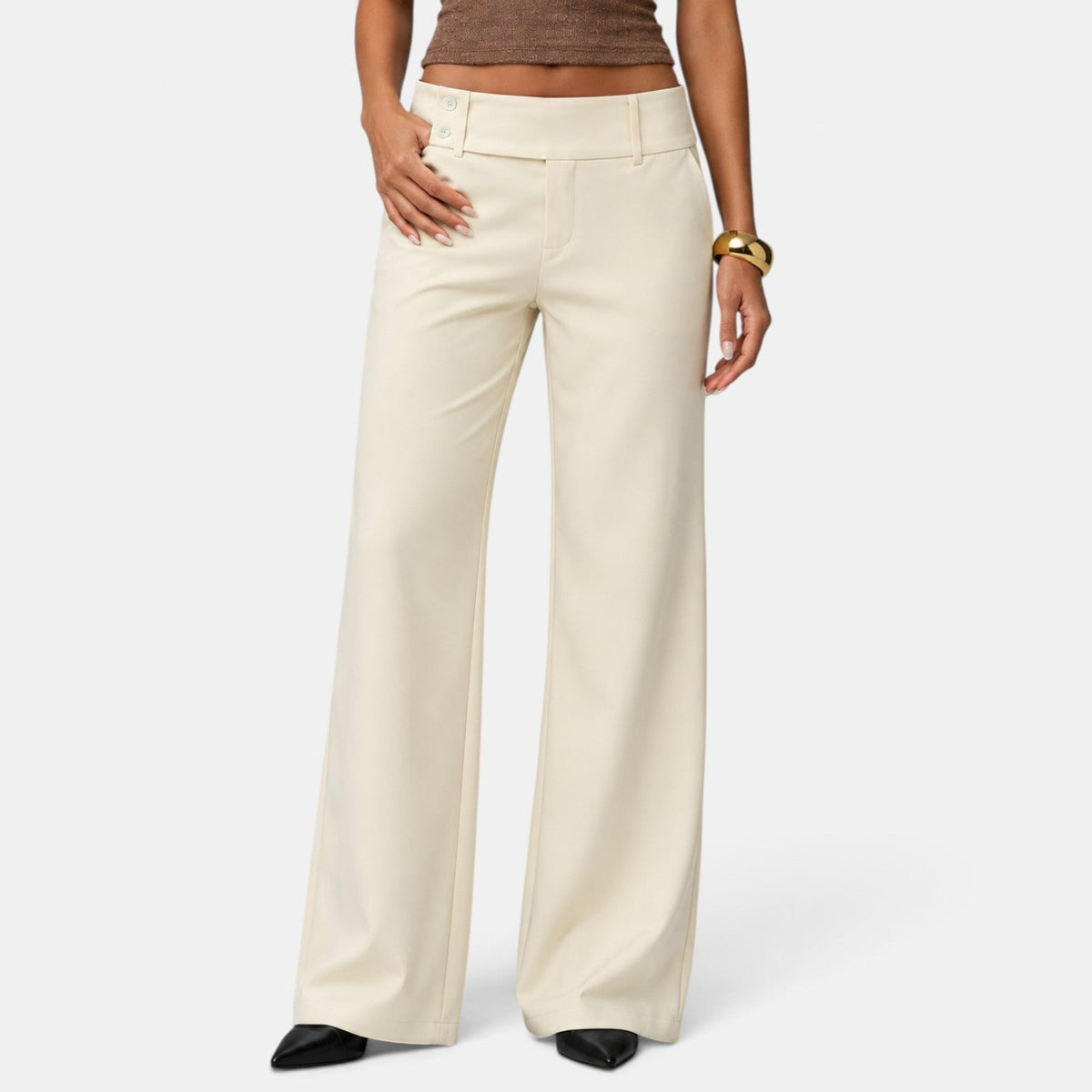 Lison | Pantalon Habillé Femme Large à Taille Haute et Double Bouton - Beige