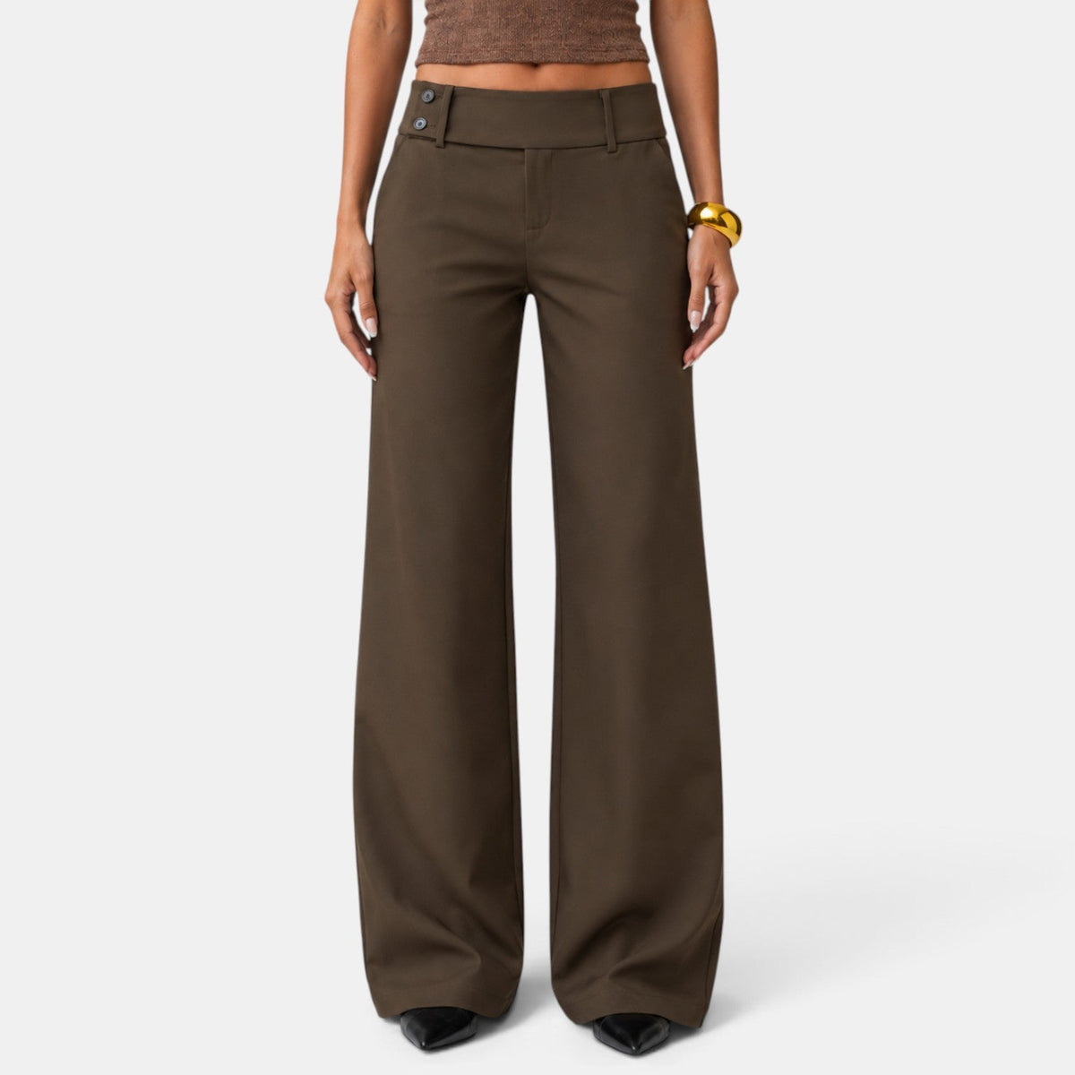 Lison | Pantalon Habillé Femme Large à Taille Haute et Double Bouton - Café