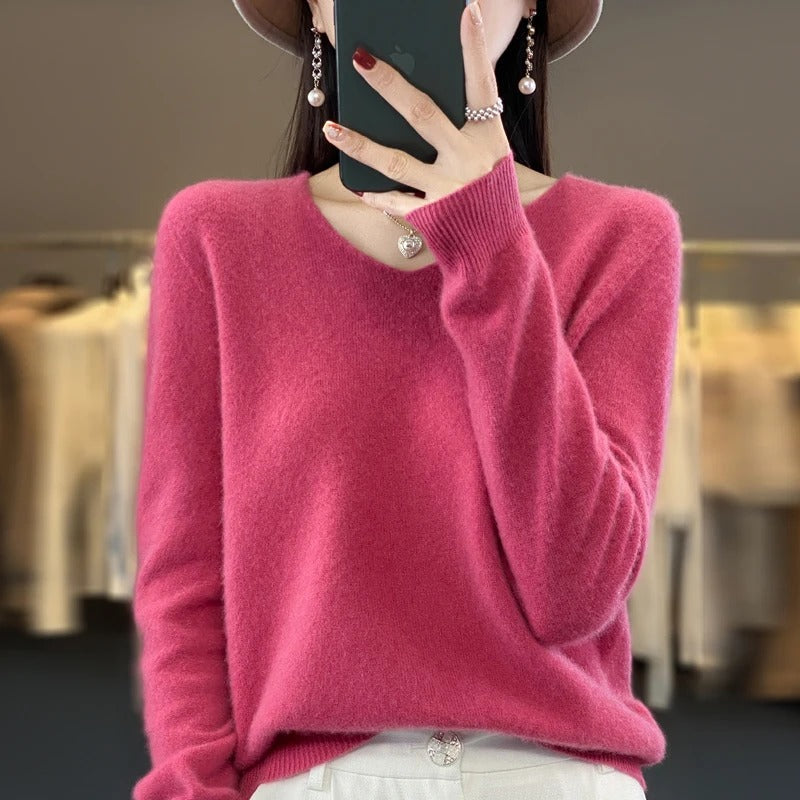 Lorraine | Pull Col V Femme Toucher Laine en Maille Douce Coupe Ample - Framboise