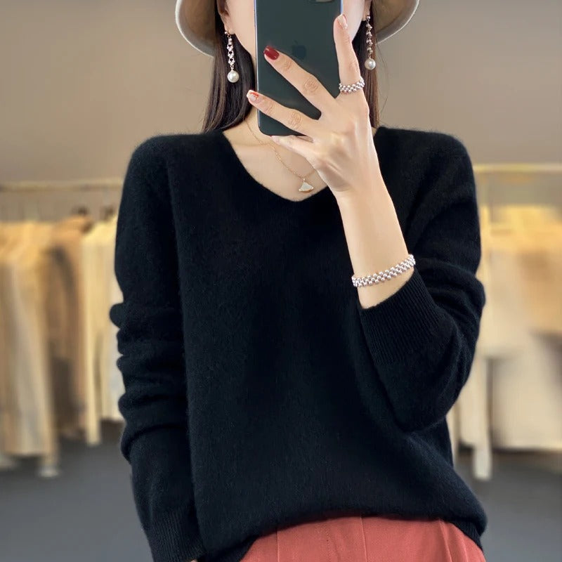 Lorraine | Pull Col V Femme Toucher Laine en Maille Douce Coupe Ample - Noir