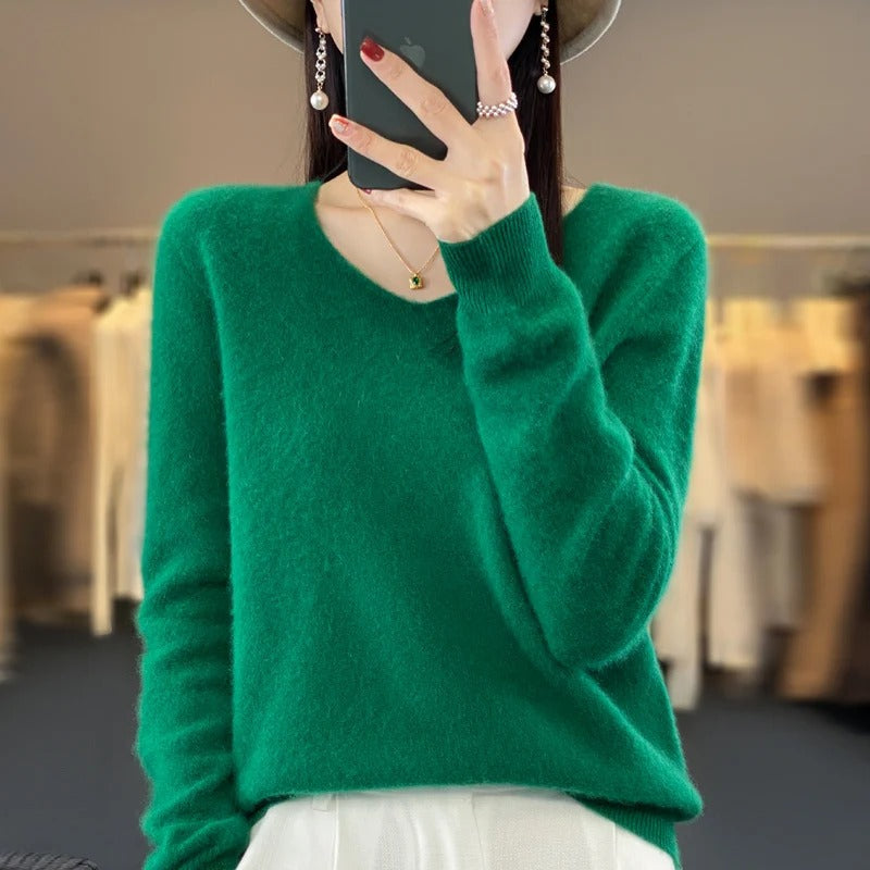 Lorraine | Pull Col V Femme Toucher Laine en Maille Douce Coupe Ample - Vert émeraude