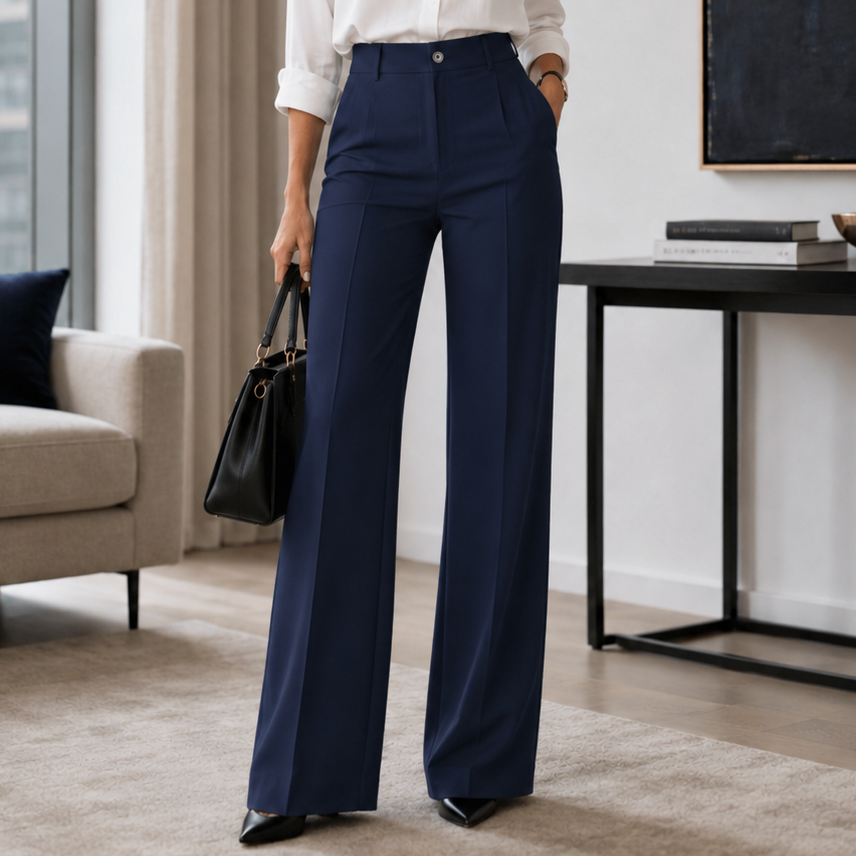 Louisa | Pantalon Large Plissé Femme Taille Haute avec Bouton - Bleu marine