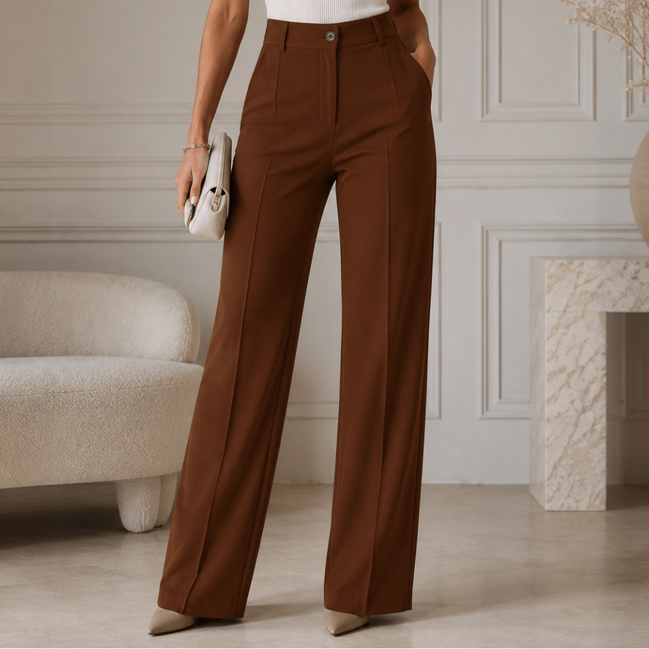 Louisa | Pantalon Large Plissé Femme Taille Haute avec Bouton - Marron