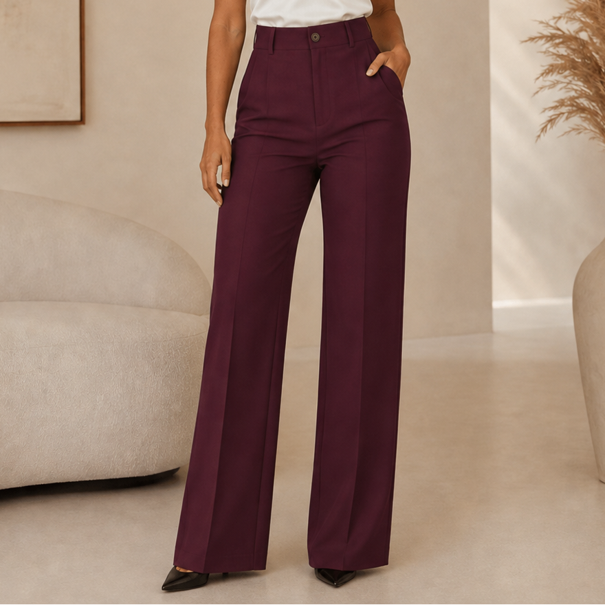 Louisa | Pantalon Large Plissé Femme Taille Haute avec Bouton - Rouge