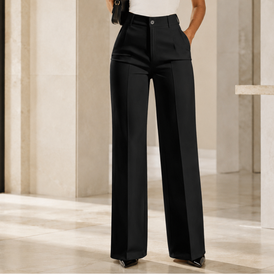 Louisa | Pantalon Large Plissé Femme Taille Haute avec Bouton - Noir