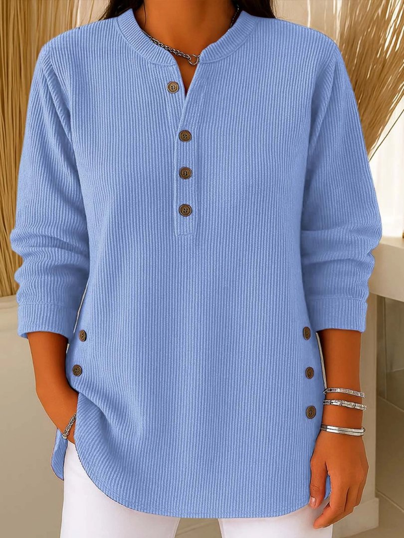 Lucette | Pull Côtelé Femme Manches Longues à Boutons Décoratifs - Bleu ciel