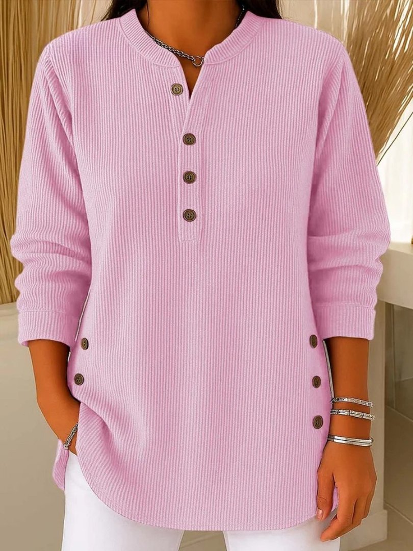 Lucette | Pull Côtelé Femme Manches Longues à Boutons Décoratifs - Rose