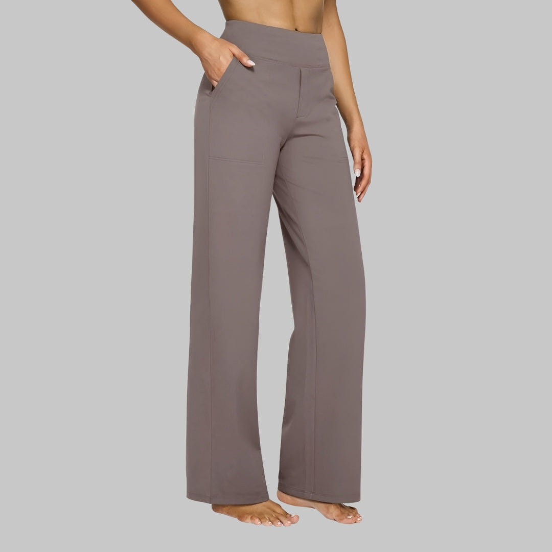 Lucienne | Pantalon Femme Extensible Taille Haute à Poches, Jambe Large - Taupe rosé