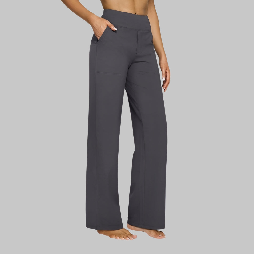Lucienne | Pantalon Femme Extensible Taille Haute à Poches, Jambe Large - Gris