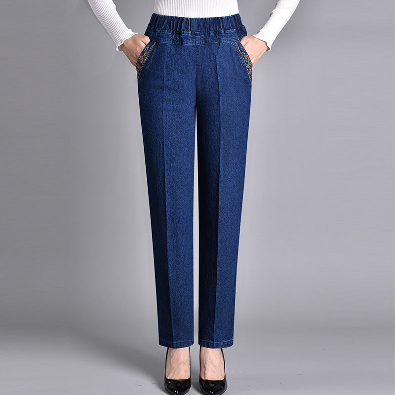 Madeleine | Jean Droit Stretch Femme Taille Élastique, Option Doublure Chaude - Bleu foncé – classique