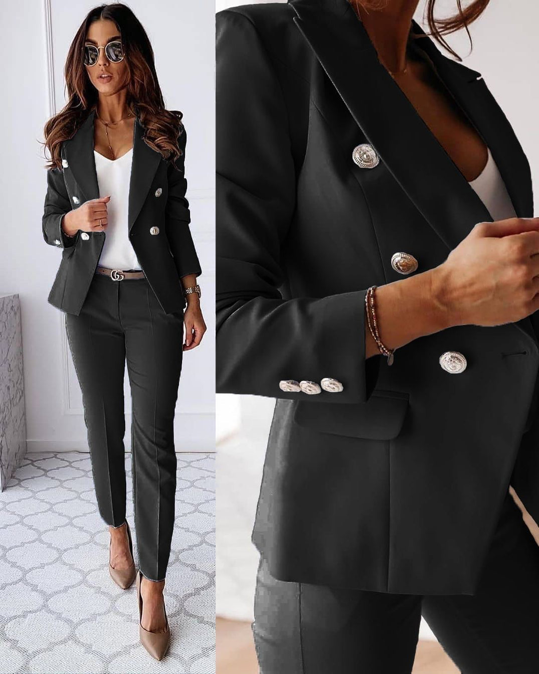 Mahaut | Tailleur Pantalon Femme Blazer Croisé à Boutons Dorés et Pantalon Slim - Noir