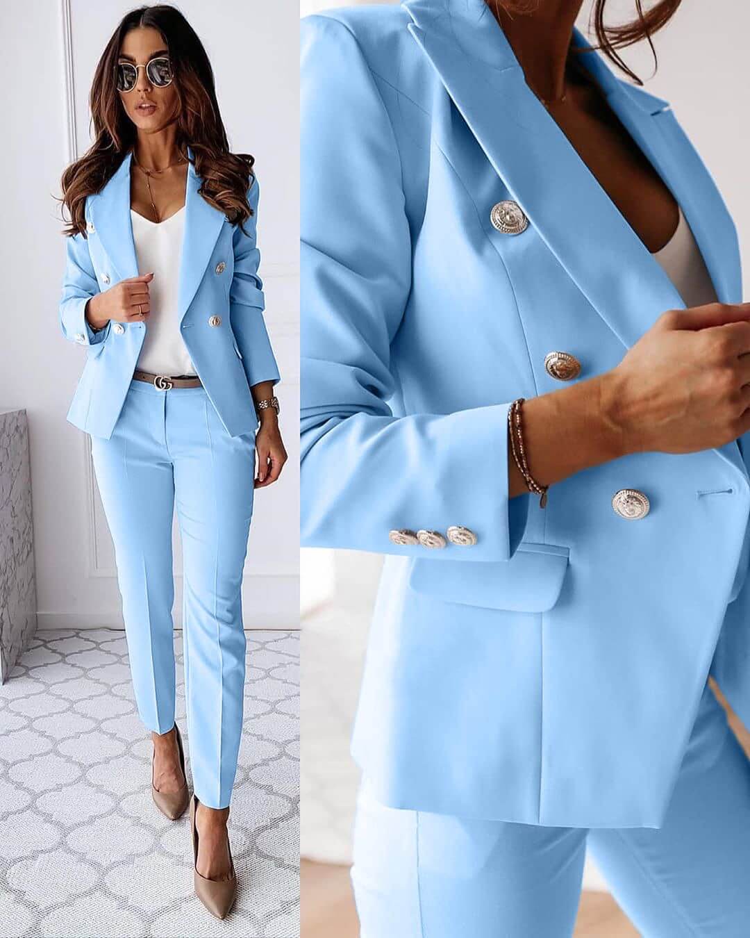 Mahaut | Tailleur Pantalon Femme Blazer Croisé à Boutons Dorés et Pantalon Slim - Bleu clair