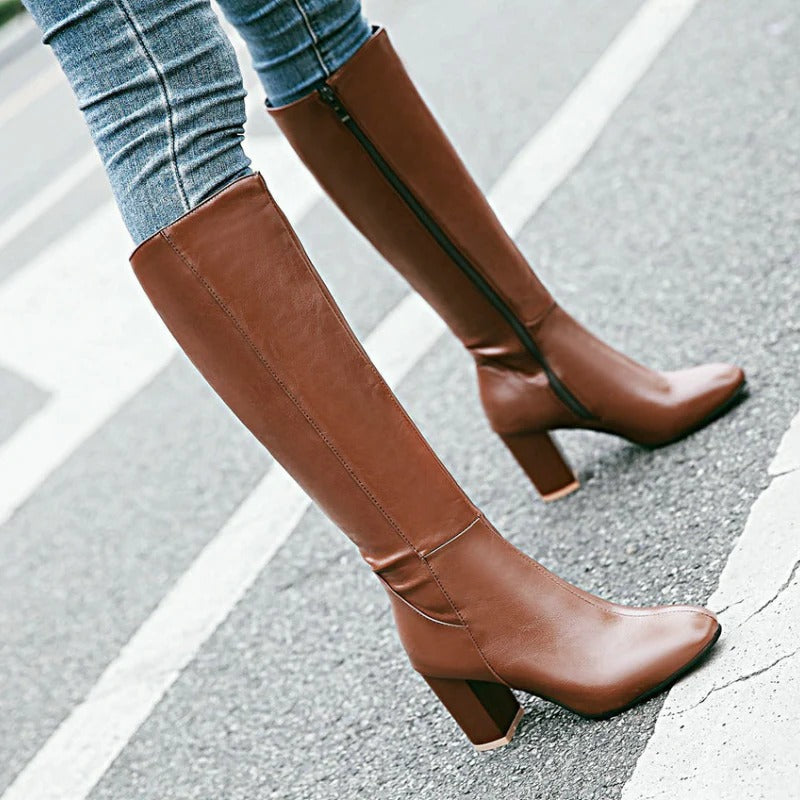 Marceline | Bottes Hautes Femme Effet Cuir à Talon Large et Zip Latéral - vue 3