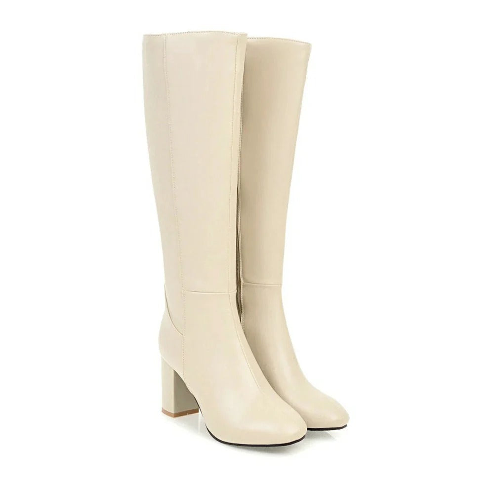 Marceline | Bottes Hautes Femme Effet Cuir à Talon Large et Zip Latéral - Beige