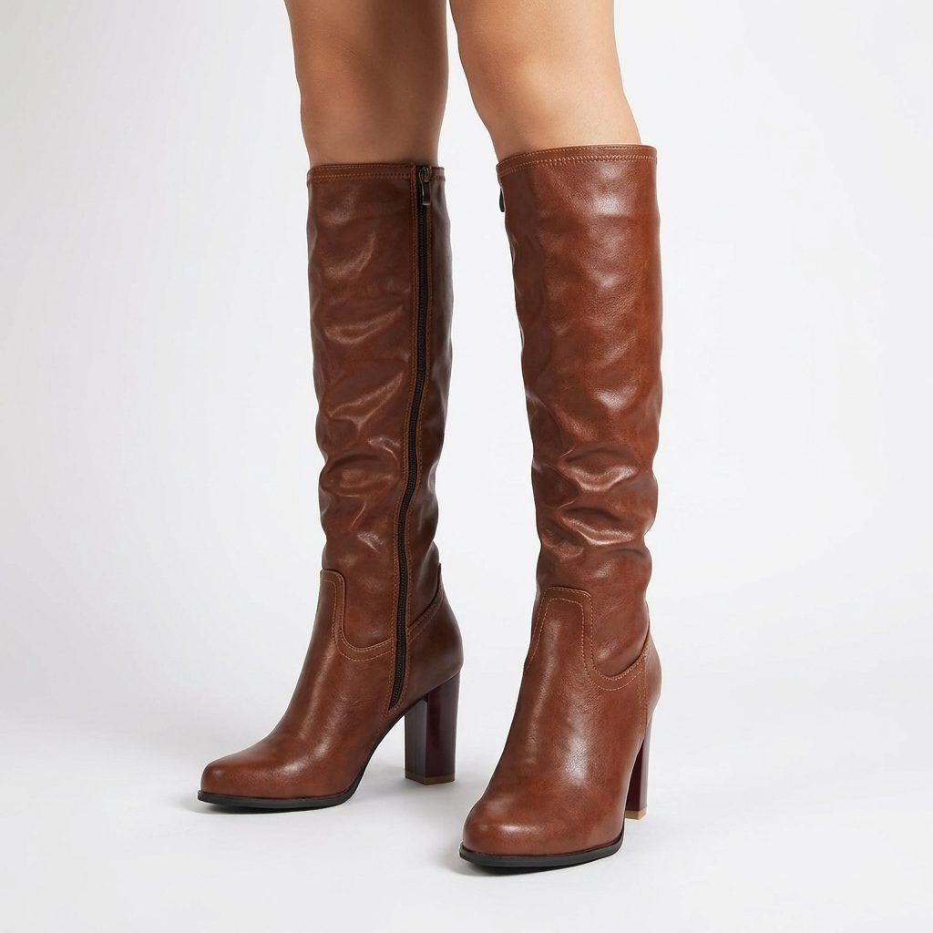 Marguerite | Bottes Hautes Femme Effet Cuir Marron à Talon Large - Marron