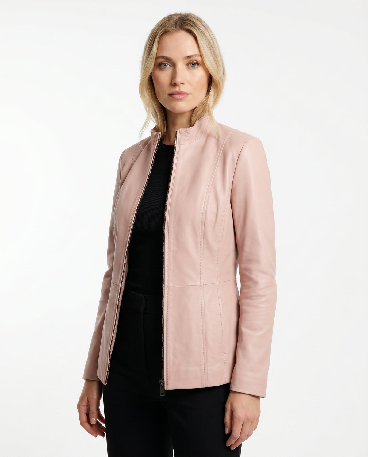 Mariette | Veste Effet Cuir Femme Coupe Ajustée à Col Montant et Zip - Rose