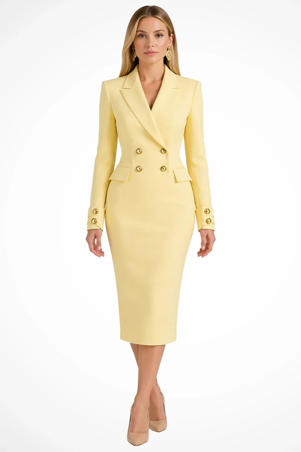 Marion | Robe Blazer Midi Femme Cintrée à Double Boutonnage Doré - Jaune