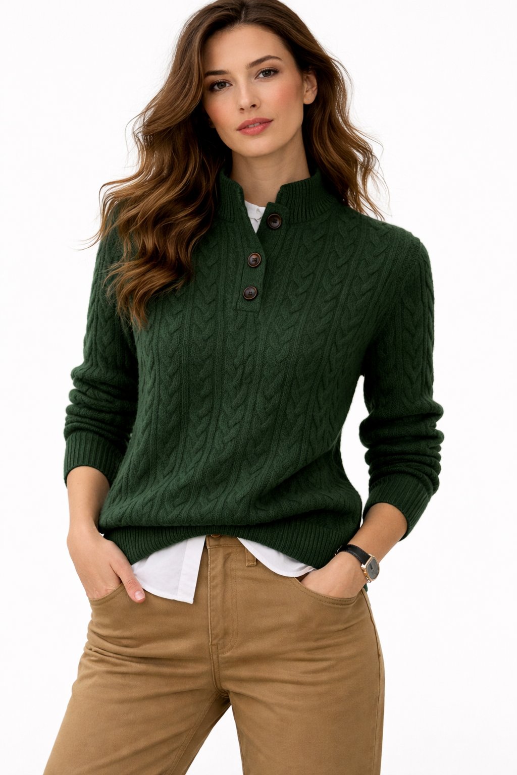 Marthe | Pull Femme en Maille Torsadée à Col Montant Boutonné - Vert foncé