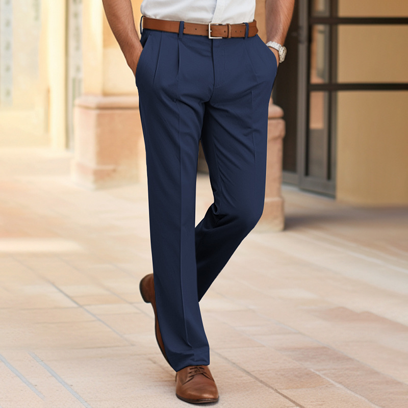 Matthieu | Pantalon Homme à Pinces Jambe Droite et Passants de Ceinture - Bleu marine