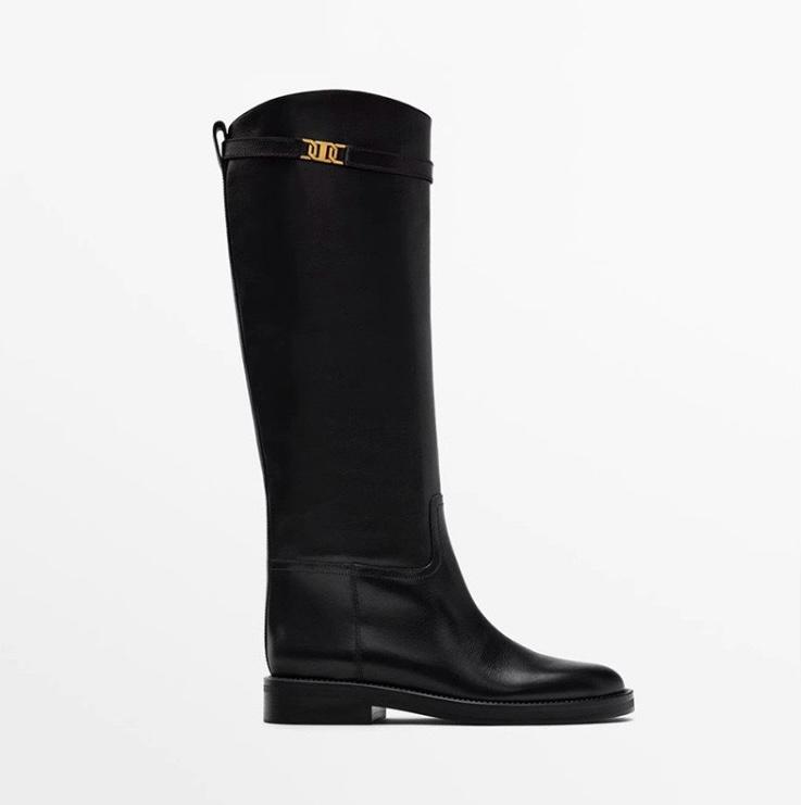 Mélisande | Bottes Cavalières Femme Noires Effet Cuir à Détail Doré - vue 1