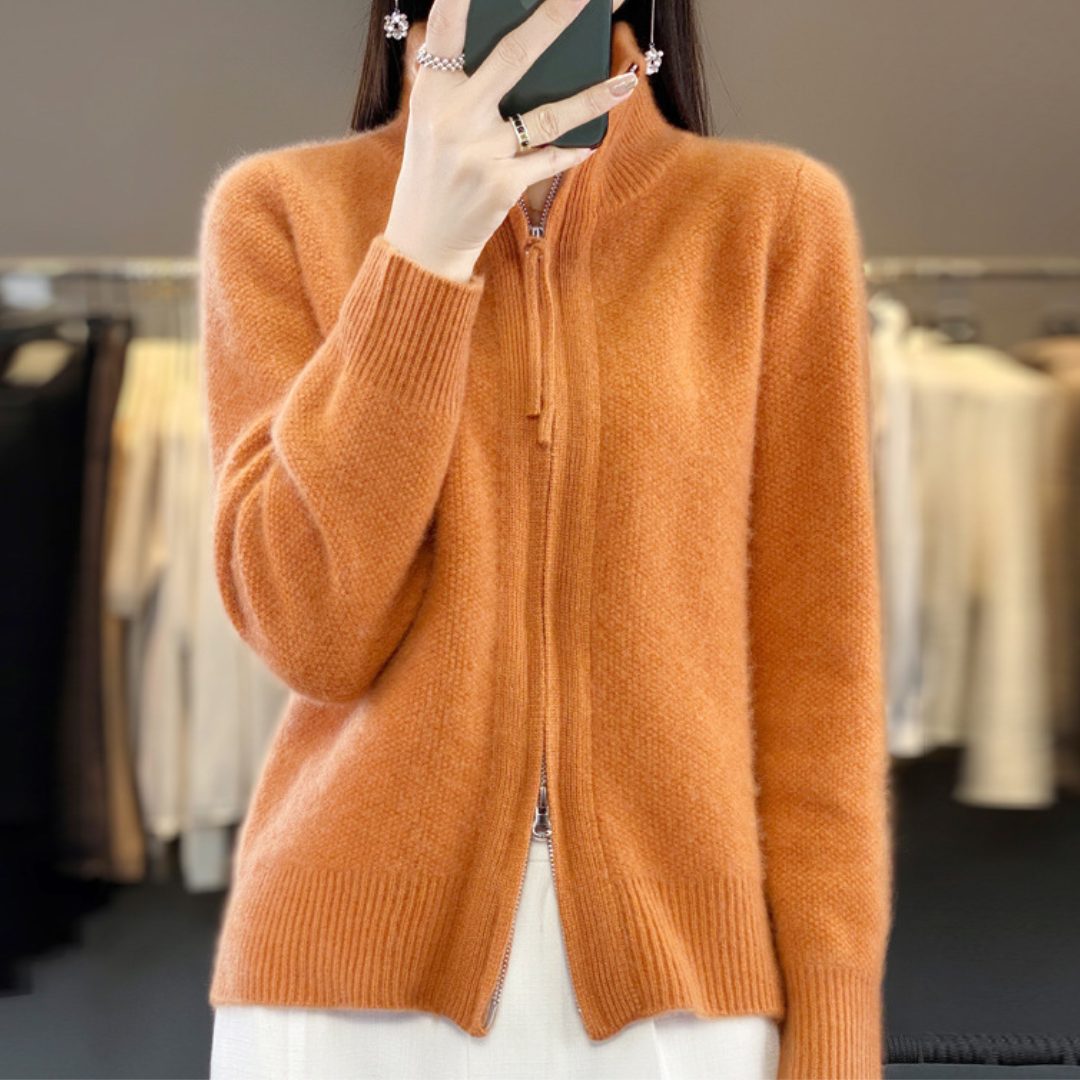 Monique | Gilet Zippé Femme Oversize à Col Montant, Toucher Laine - Orange