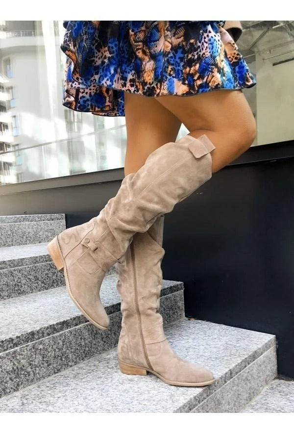 Muriel | Bottes Hautes Femme Aspect Daim à Talon Bas - Beige