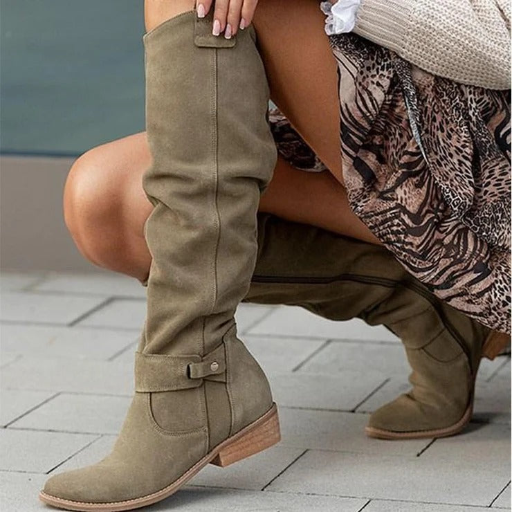 Muriel | Bottes Hautes Femme Aspect Daim à Talon Bas - Vert olive