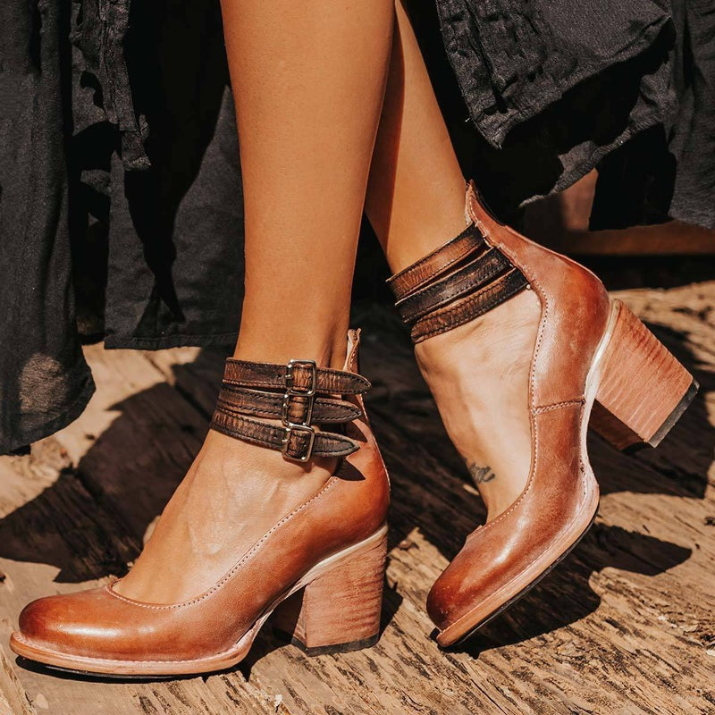 Ninon | Chaussures Femme à Talon Carré et Triple Bride, Effet Cuir Vieilli - Marron foncé
