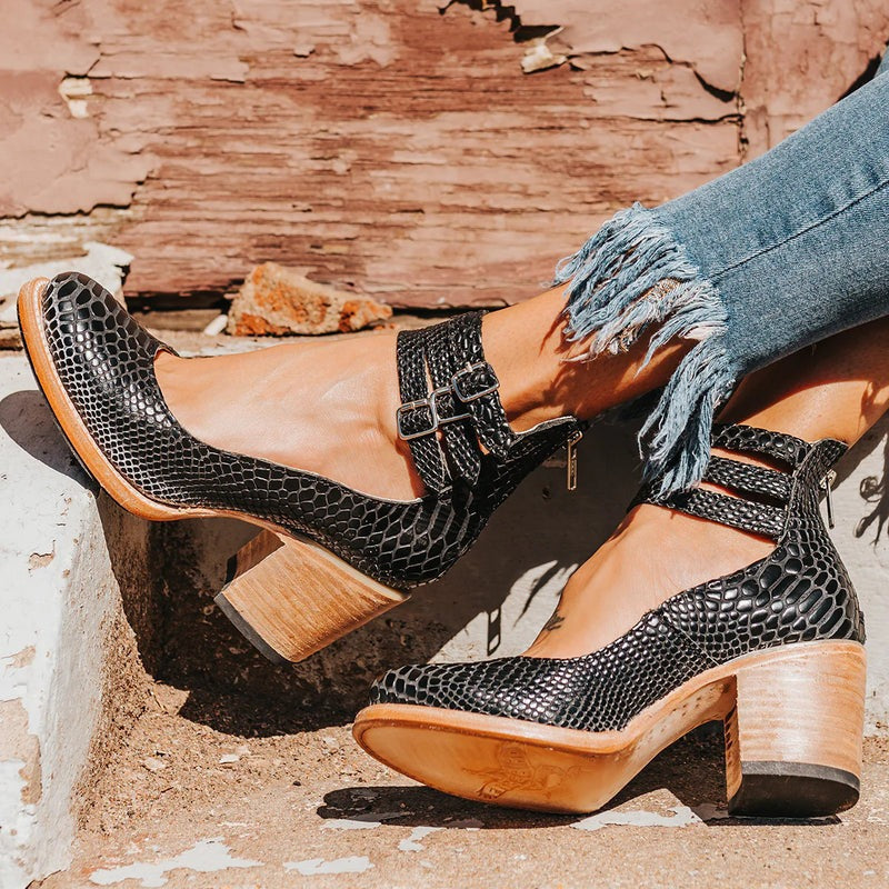 Ninon | Chaussures Femme à Talon Carré et Triple Bride, Effet Cuir Vieilli - Noir