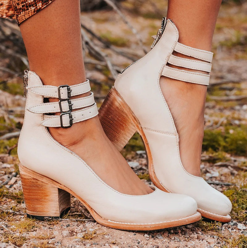 Ninon | Chaussures Femme à Talon Carré et Triple Bride, Effet Cuir Vieilli - Blanc