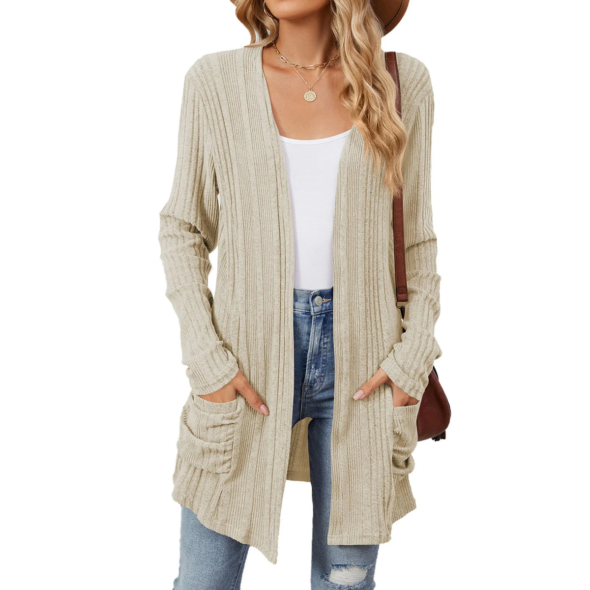 Odile | Gilet Long Femme en Maille Côtelée Ouvert avec Poches - Beige