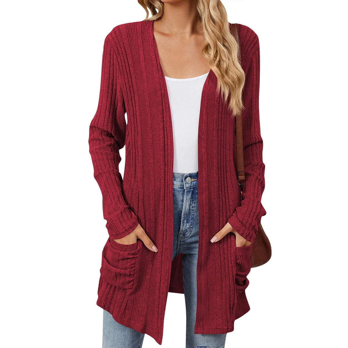 Odile | Gilet Long Femme en Maille Côtelée Ouvert avec Poches - Bordeaux