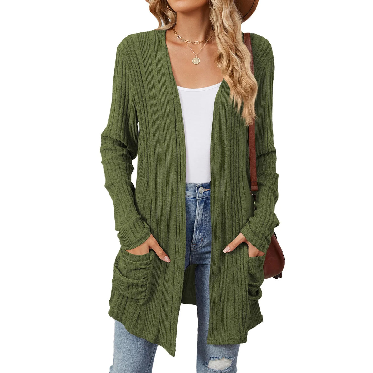 Odile | Gilet Long Femme en Maille Côtelée Ouvert avec Poches - Vert olive