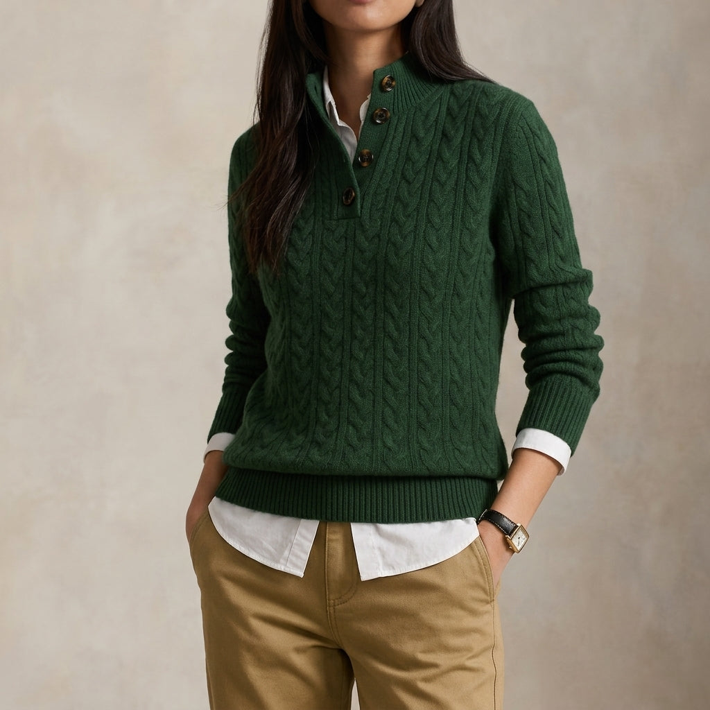 Olympe | Pull Torsadé Col Montant Boutonné Toucher Cachemire Femme - Vert sapin