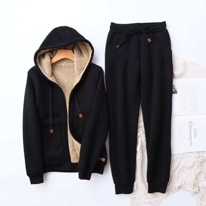Ophélie | Ensemble Femme Sweat Zippé Doublé Sherpa et Pantalon Jogger - Noir
