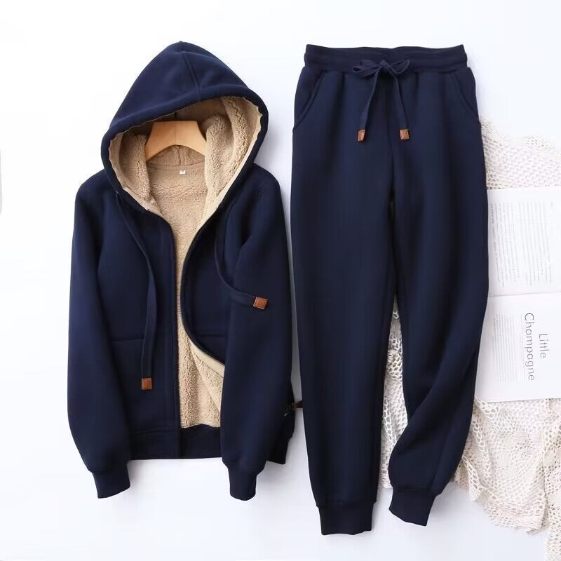 Ophélie | Ensemble Femme Sweat Zippé Doublé Sherpa et Pantalon Jogger - Bleu