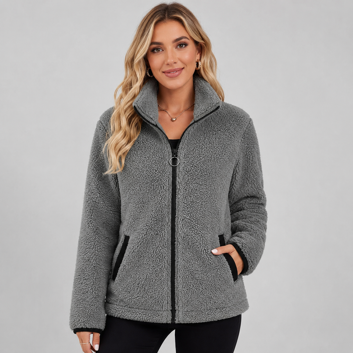 Paulette | Veste Courte Bouclée Effet Fourrure Femme Zippée à Col Montant - Gris