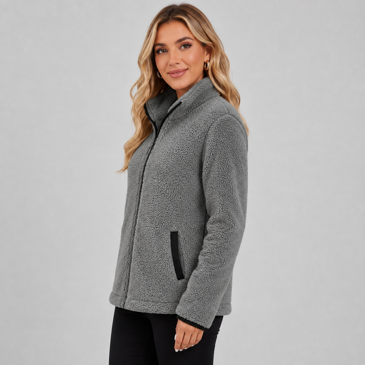 Paulette | Veste Courte Bouclée Effet Fourrure Femme Zippée à Col Montant - vue 3