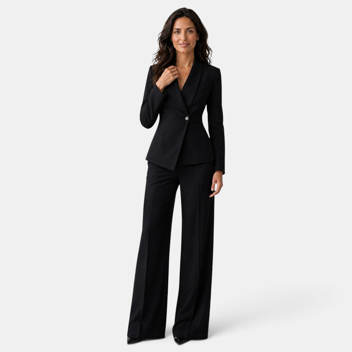 Perrine | Tailleur Pantalon Femme Blazer Cintré Col Châle et Pantalon Large - Noir