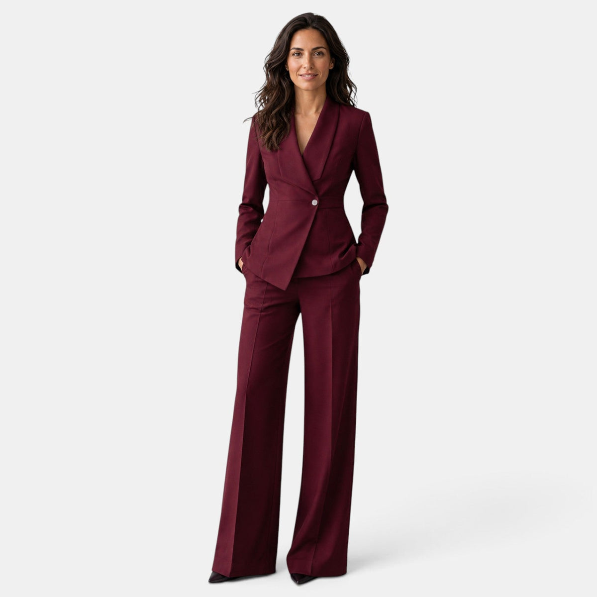 Perrine | Tailleur Pantalon Femme Blazer Cintré Col Châle et Pantalon Large - Bordeaux