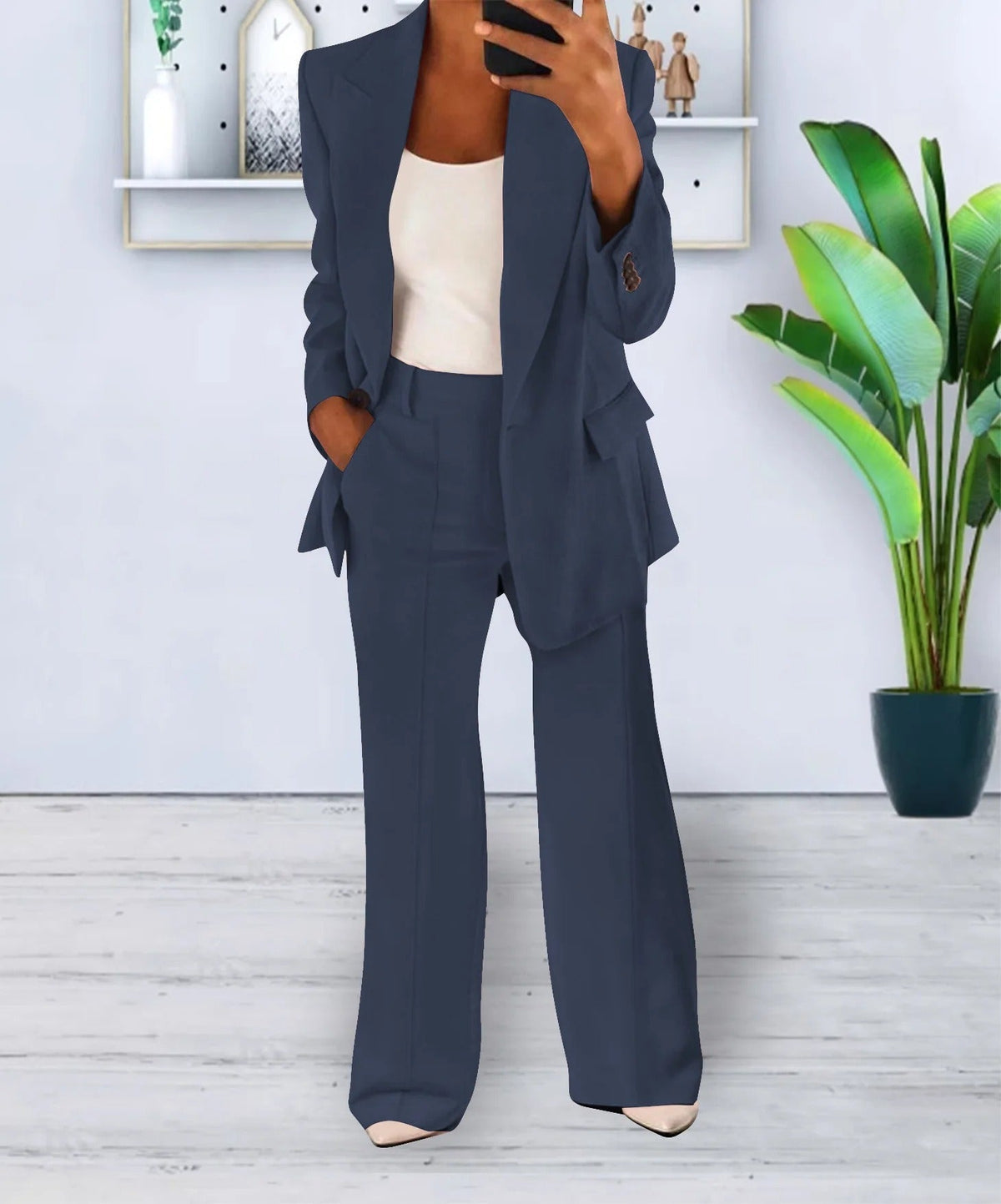 Raphaëlle | Ensemble Blazer Élégant Femme Coupe Ample et Pantalon Large - Bleu marine