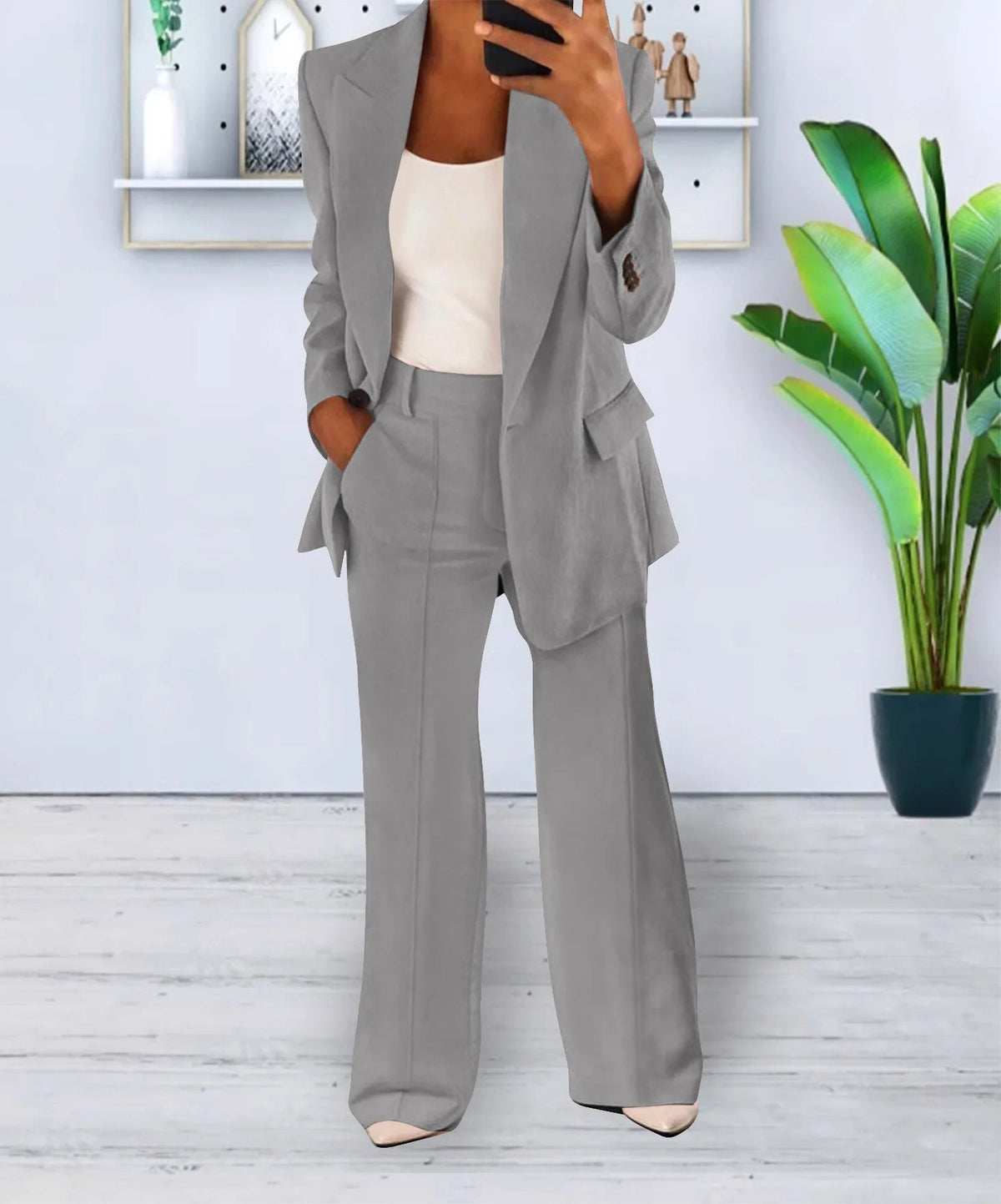 Raphaëlle | Ensemble Blazer Élégant Femme Coupe Ample et Pantalon Large - Gris